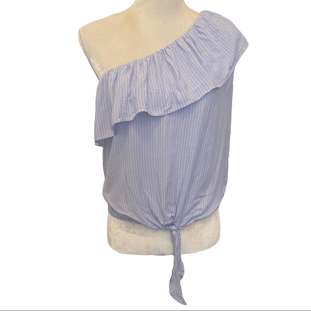 NWT Mossimo Supply Co. Blue White Striped One-Shoulder Ruffle Tie-Front Top sz S